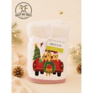 JINGLES & JOY CHRISTMAS HAND TOWELS SET DOGS RED TRUCK EMBROIDERED New